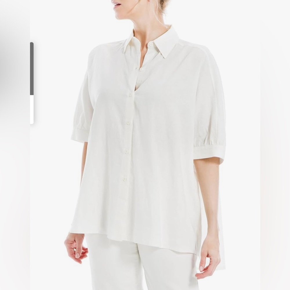 MAX STUDIO Short Sleeve Oversized Linen Blouse, Button-Up Front | White | M
